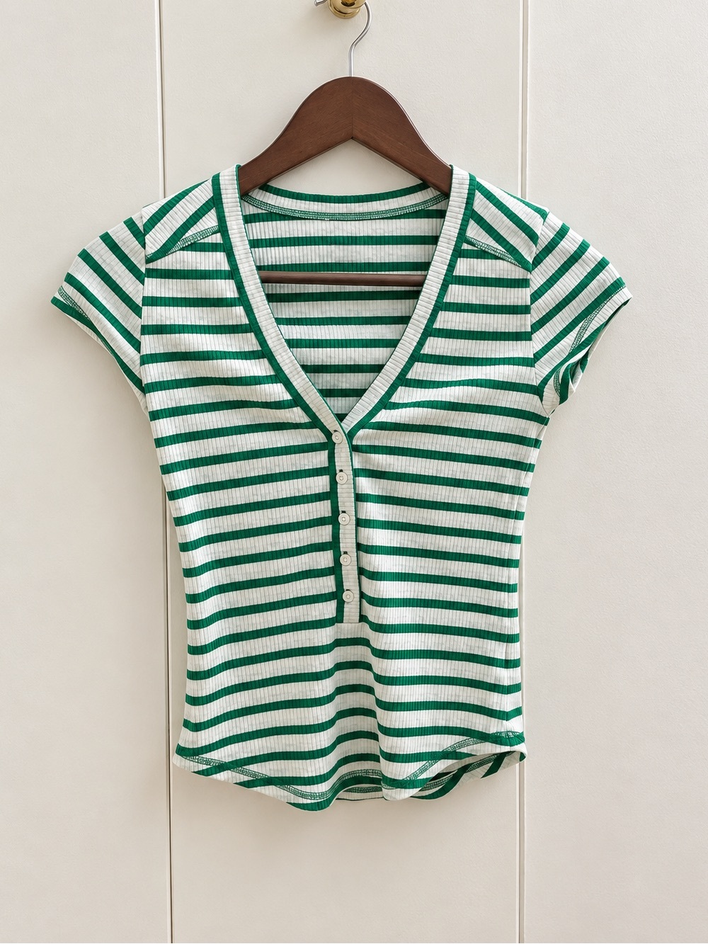 American Eagle Green & White Striped V‑Neck Henley Tee